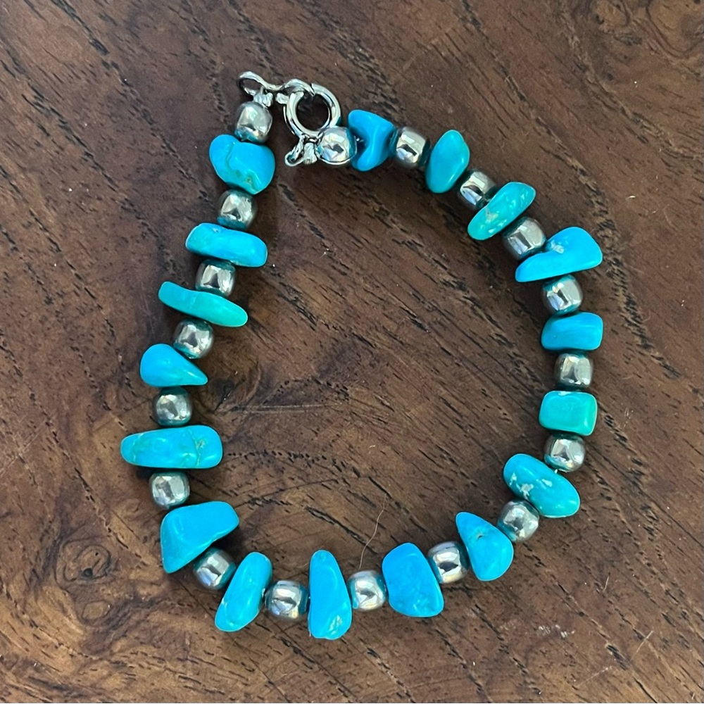 Vintage Turquoise Sterling Silver Beaded Bracelet Native American